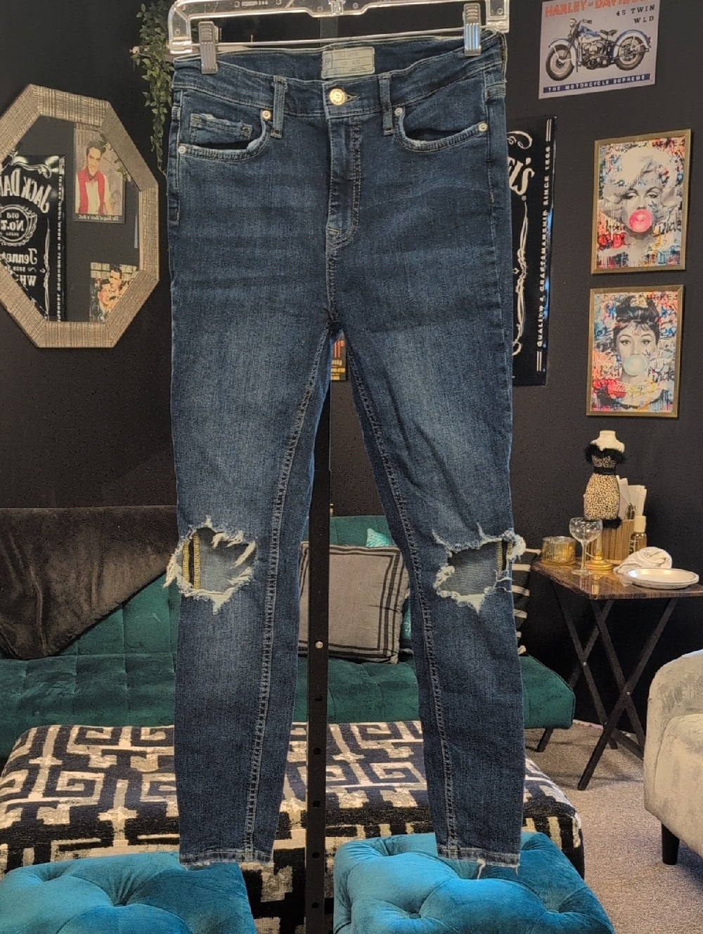 Free People Dark Blue Ripped Skinny Jeans